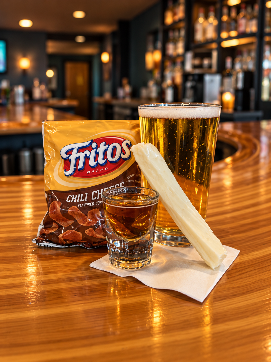 The Full Monte: beer, a whiskey shot, string cheese and chili cheese Fritos
