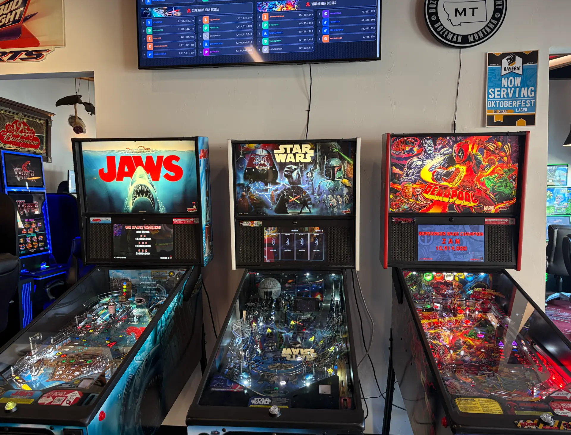 JAWS, Star Wars and Deadpool pinball machines