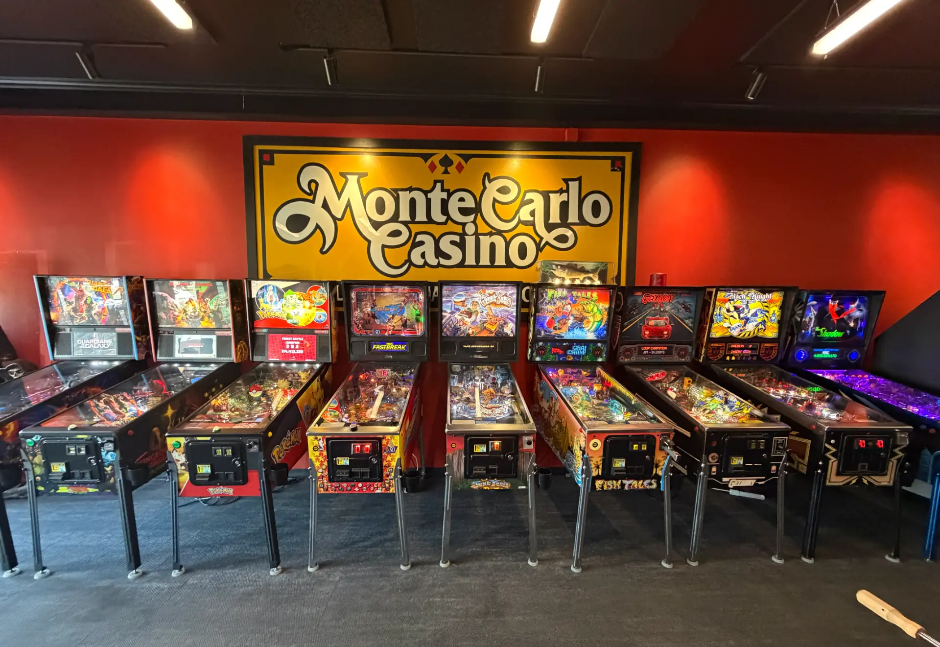 The current main pinball lineup beneath the Monte Carlo Casino sign at The Monte